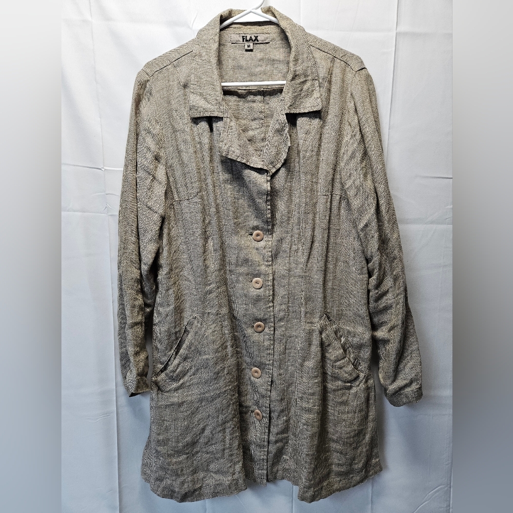 FLAX Relaxed Linen-Blend Button Front Trench Coat in Taupe NWOT